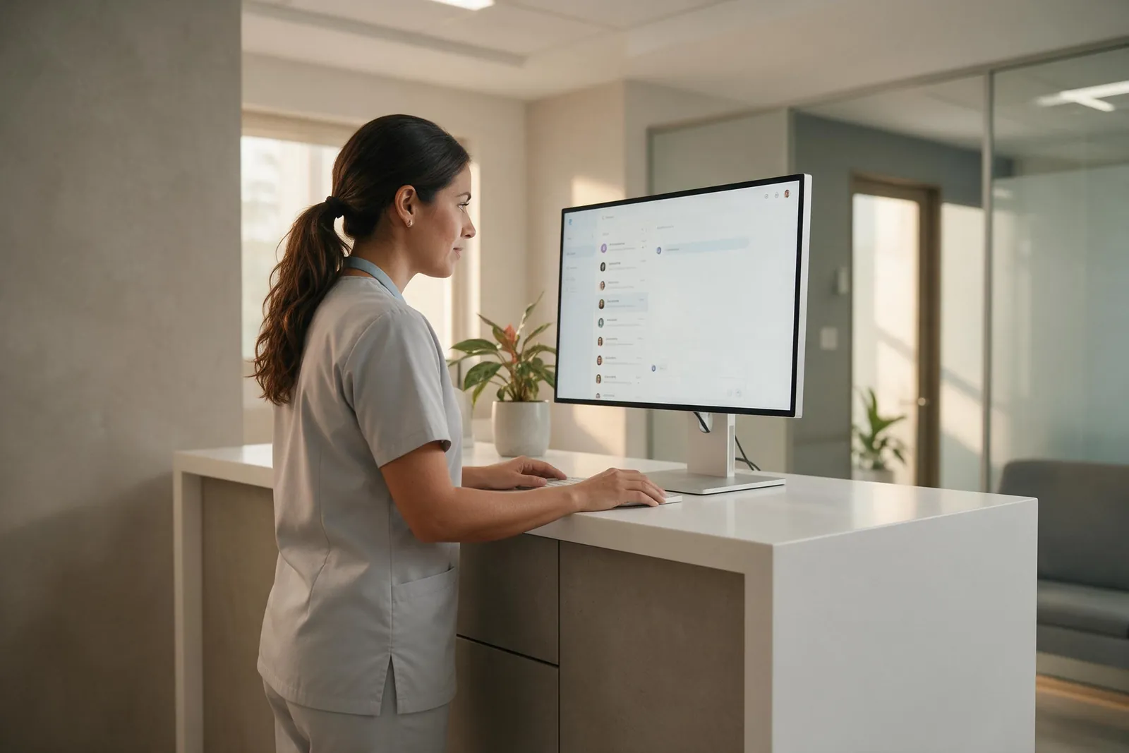 Recepción de una clínica atendiendo a sus pacientes desde una sola pantalla